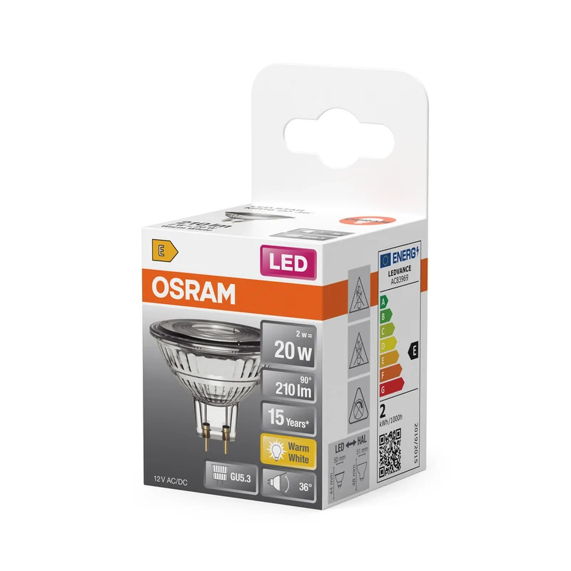OSRAM MR16 LED Reflektorlampe mit GU5.3 Sockel, Warmweiss (2700K), Glas Spot, 2.6W, Ersatz für 20W-Reflektorlampe, LED STAR MR16 12 V