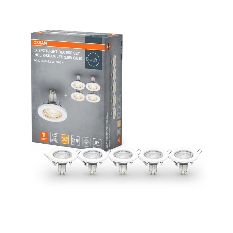OSRAM Spot Einbauleuchten im 5er-Pack, Ø 80mm, inkl. 5x GU10-OSRAM Leuchtmittel (5x 2.6W), weiß, metallisches Gehäuse, IP20-Schutz