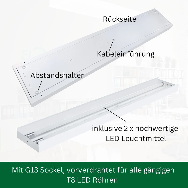 LED Aufbauleuchte 120cm 2-flammig Mikroprismatische Abdeckung Vorverdrahtet für LED Röhren