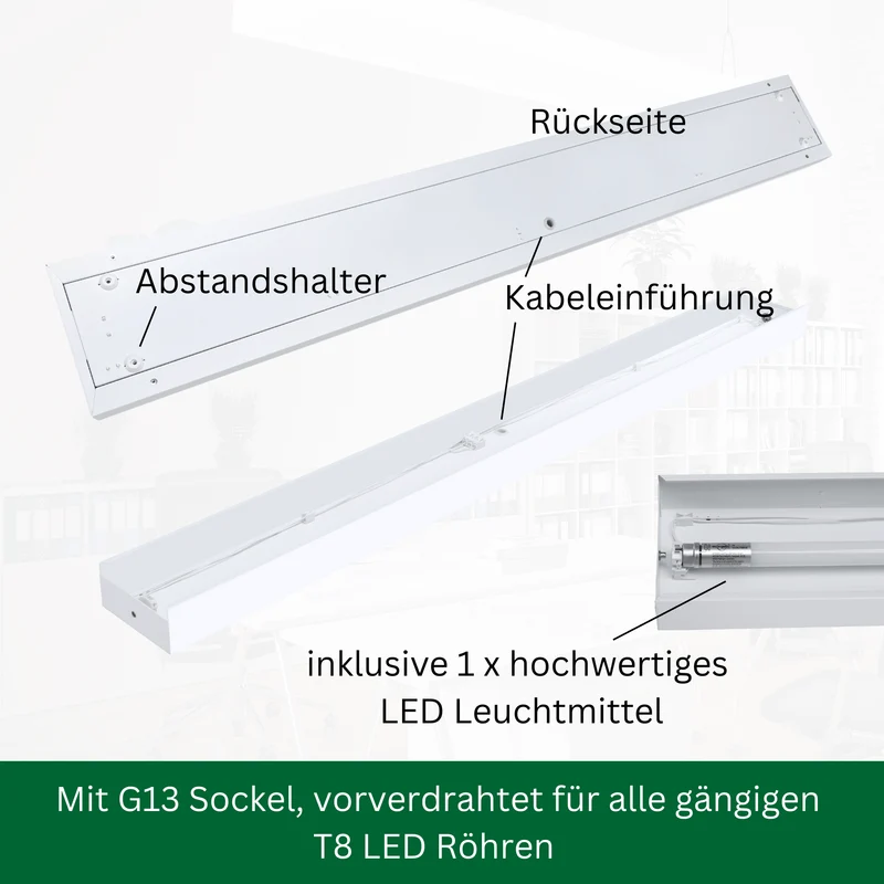 LED Aufbauleuchte 120cm 1-flammig Mikroprismatische Abdeckung Vorverdrahtet für LED Röhren