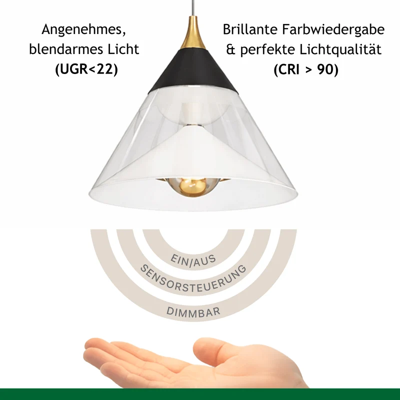 LED Pendelleuchte Hängelampe, 29W, 2700K, 5100lm, Höhenverstellbar (0,4-2 m), Sensorsteuerung (Dimm), Touch (An/Aus)
