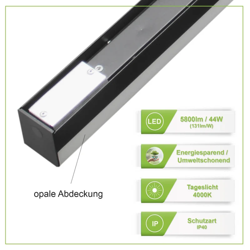 Hochwertige LED Anbauleuchte Mit opaler Abdeckung 150cm 44 Watt 5800 Lumen 4000 Kelvin in Schwarz oder Weiss