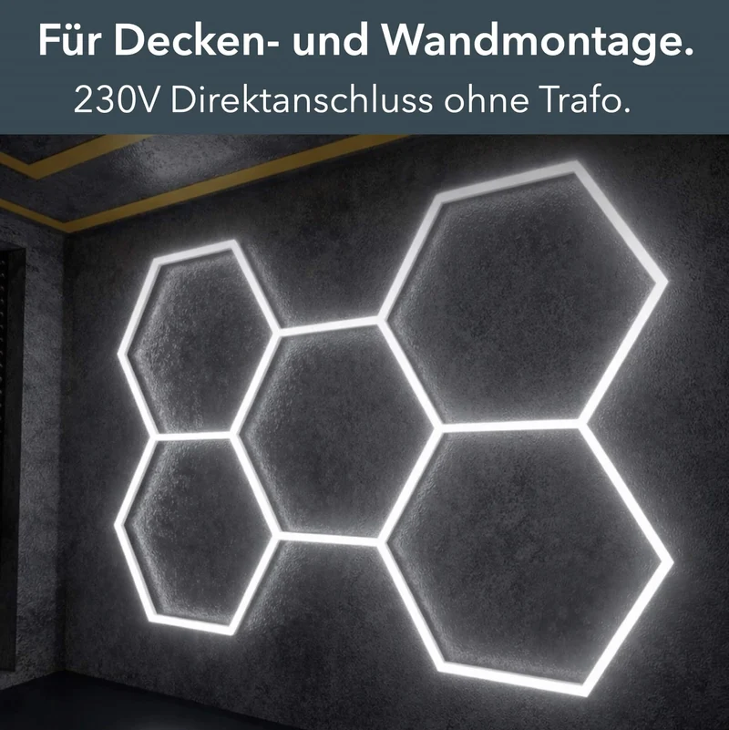 Hexagon LED-Deckenleuchte 5er Set - perfekt für Garage, Werkstatt, Salon