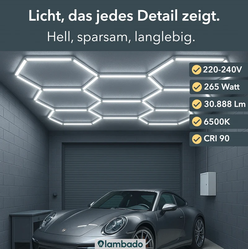 LED Hexagon Deckenleuchte 8-teilig | ideal für Garage, Werkstatt, Friseursalon