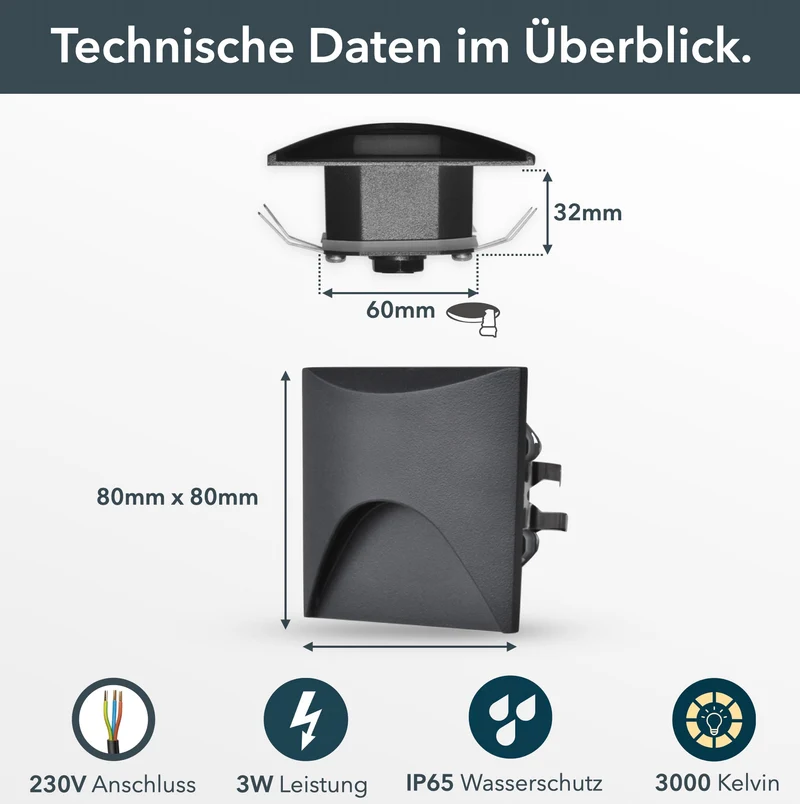 LED-Wandeinbauleuchte Wall für Innen & Außen IP65 - Schwarz Eckig