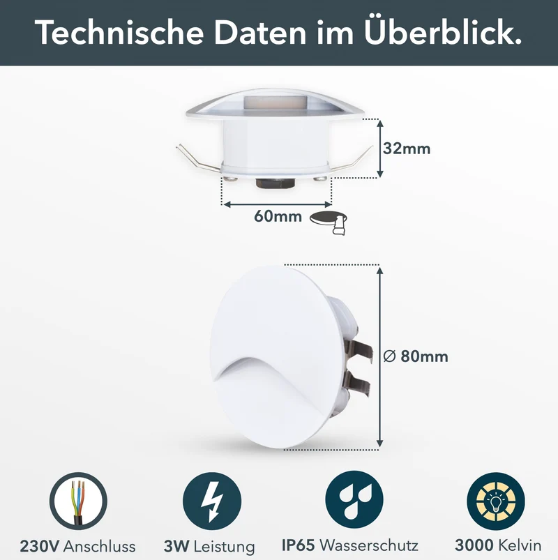 LED-Wandeinbauleuchte Wall für Innen & Außen IP65 - Weiß Rund