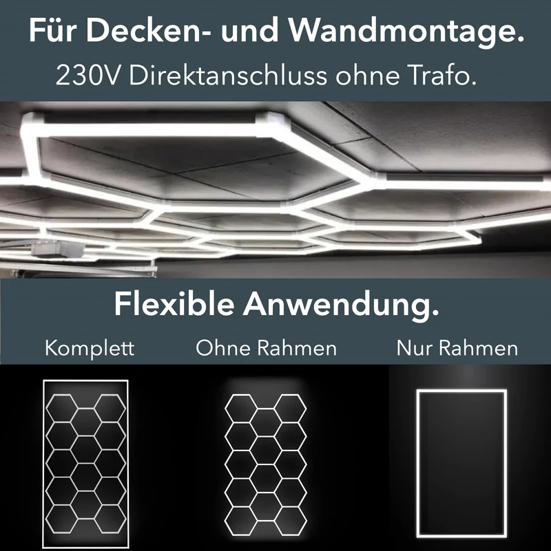 Hexagon LED-Deckenleuchte 14er Set mit LED Rahmen - für Garage, Werkstatt, Friseursalon