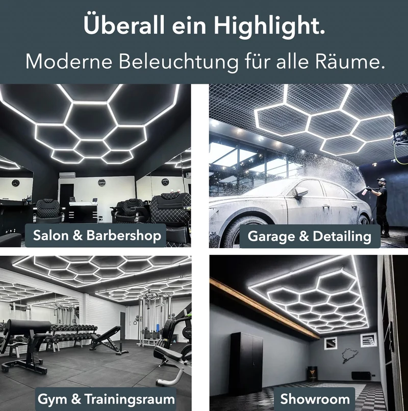 Hexagon LED-Deckenleuchte 14er Set mit LED Rahmen - für Garage, Werkstatt, Friseursalon