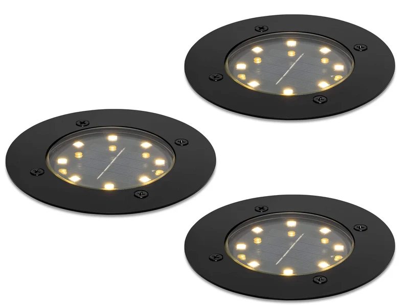 3er Set Solar LED Bodeneinbaustrahler IP65 für außen in Schwarz Ø12cm