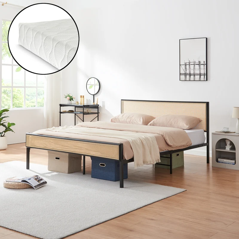 Metallbett Linköping mit rechteckigem Kopfteil und Matratze [en.casa]