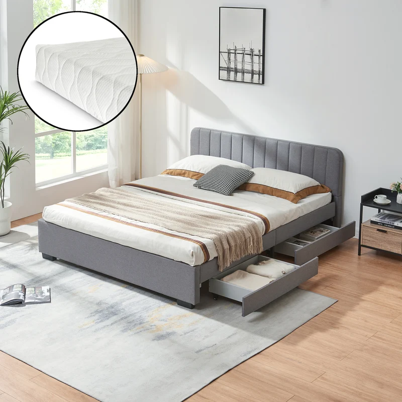 Polsterbett Nofrenna mit Matratze Leinen [en.casa]