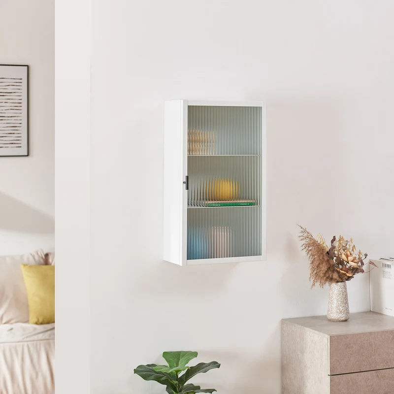 Hängeschrank Zundert mit geriffelter Glastür 60x35x15 cm Stahl [en.casa]