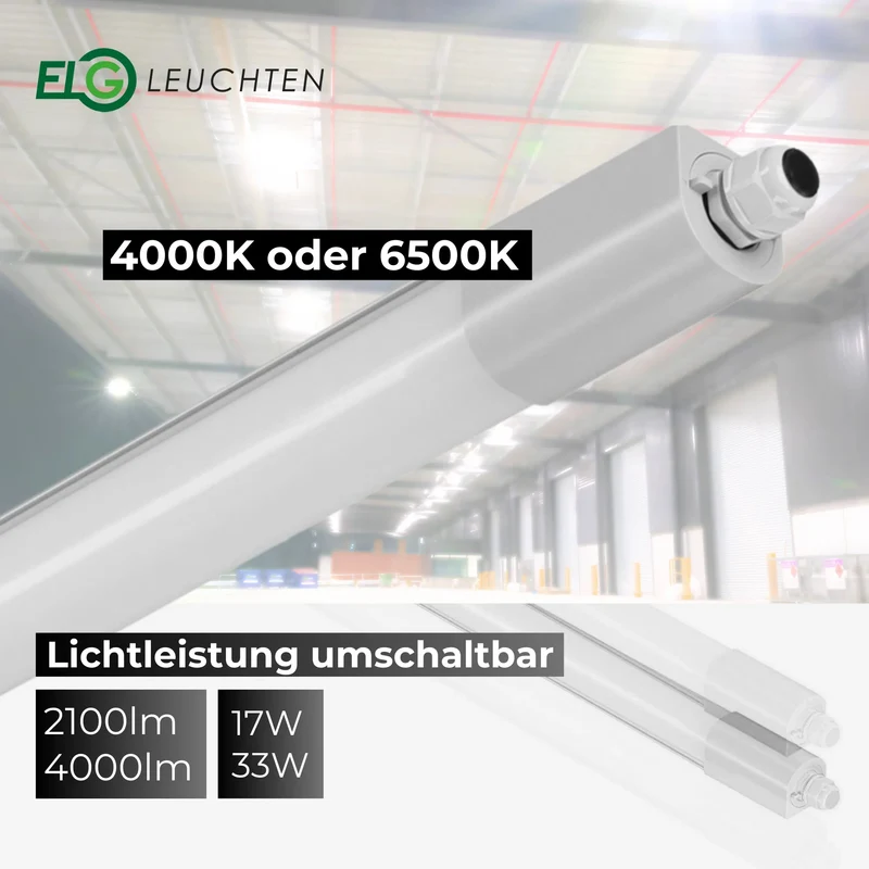 LED Feuchtraumleuchte 120cm umschaltbar 17W/33W 4000K oder 6500K Leistung 2100lm/4000lm IP66 wasserfest