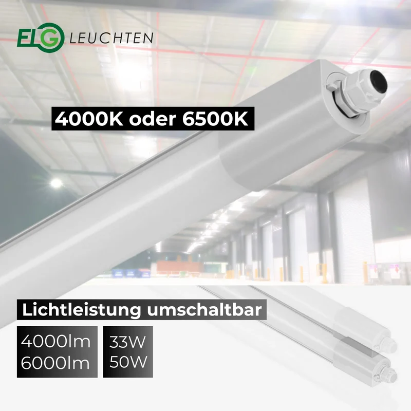 LED Feuchtraumleuchte 150cm 6500K Leistung umschaltbar 50W/33W 4000lm/6000lm IP66 wasserfest