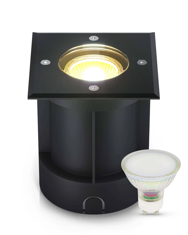 LED Bodenstrahler IP67 Schwarz Eckig inkl. 3W GU10 230V Satiniert