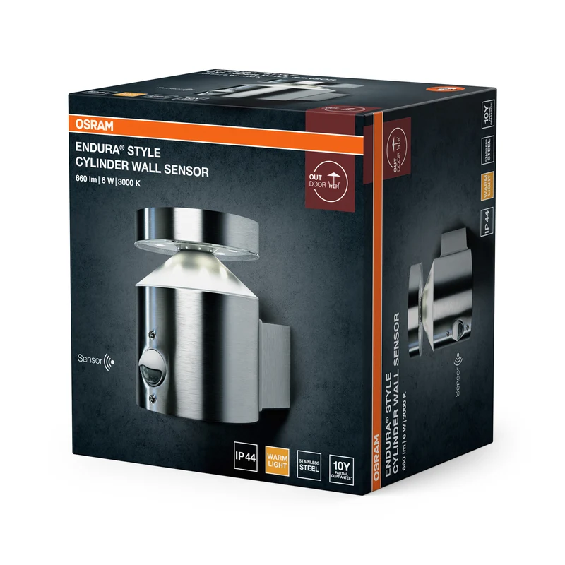 OSRAM ENDURA Style Cylinder Außenwandleuchte mit Sensor 150mm, 3000K, 660lm, 6W, modernes Edelstahl-Design, IP44 für Eingänge und Fassaden