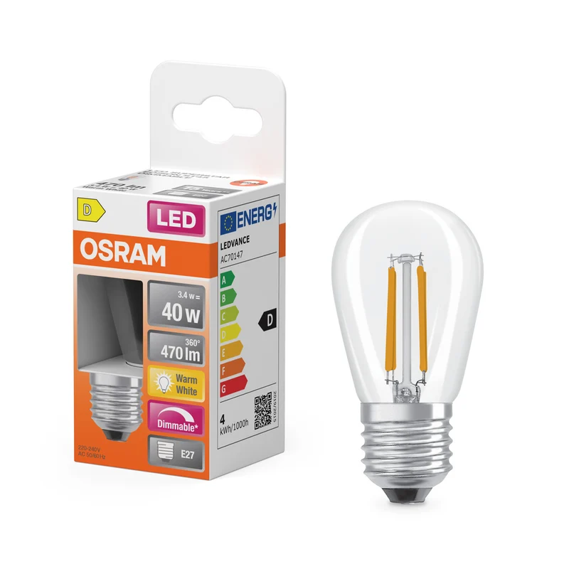 OSRAM Dimmbare Filament LED Lampe mit E27 Sockel, Warmweiss (2700K), Windstoß Kerze, 5W, Ersatz für 40W-Glühbirne, klar, LED Retrofit CLASSIC BA DIM