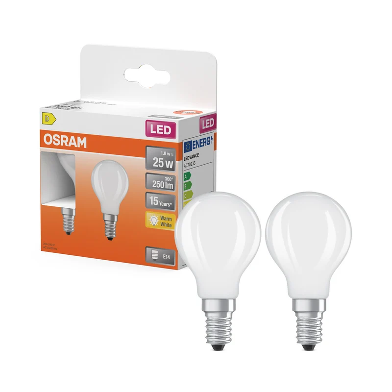 OSRAM LED-Lampen, klassische Miniballform, 25 Watts Ersatz, E14, P-shape, 2700 Kelvin, Warm weiß, Klares Glas, 2-er Pack