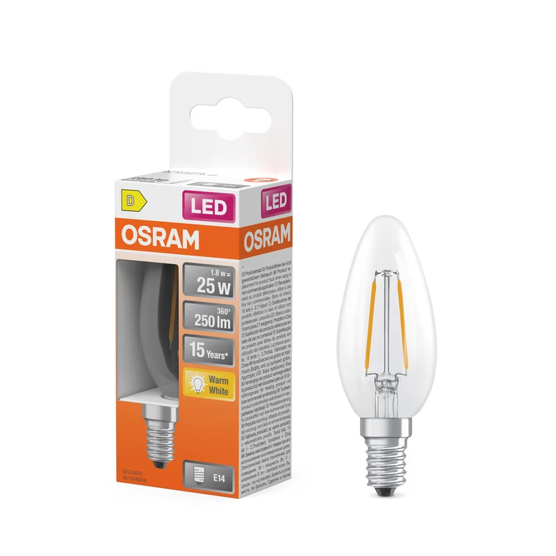 OSRAM Retrofit Classic B LED Lampe Kerzenform (ex 25W) 2,5W / 2700K Warmweiß E14