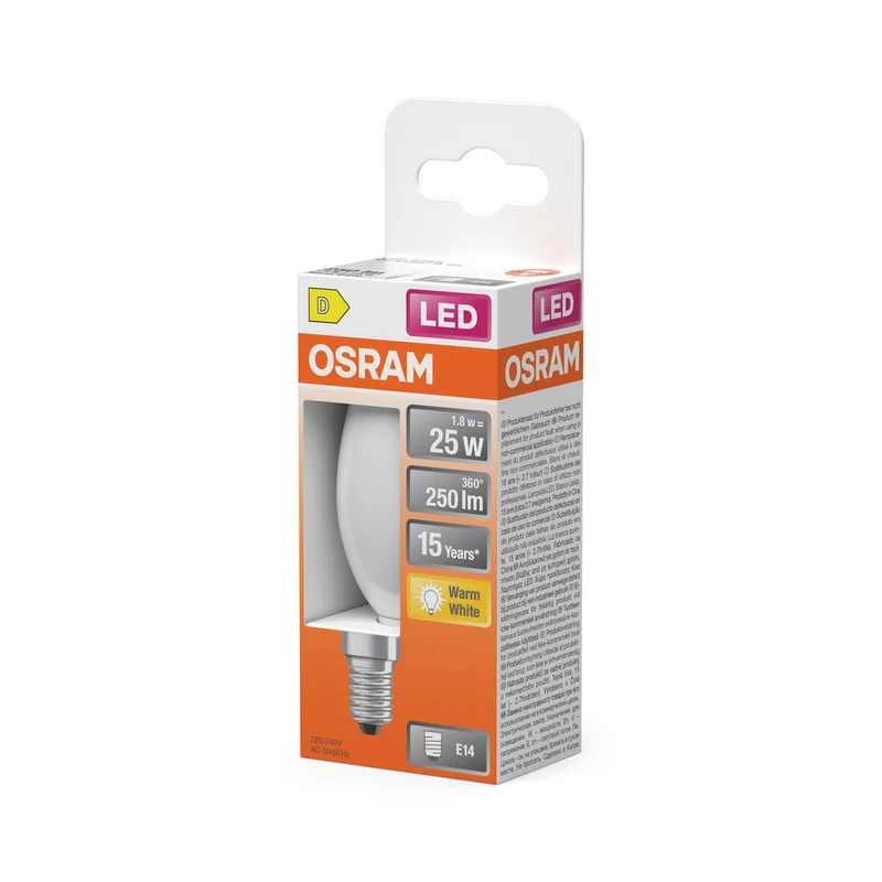 OSRAM Retrofit Classic B LED Lampe Kerzenform matt (ex 25W) 2,5W / 2700K Warmweiß E14