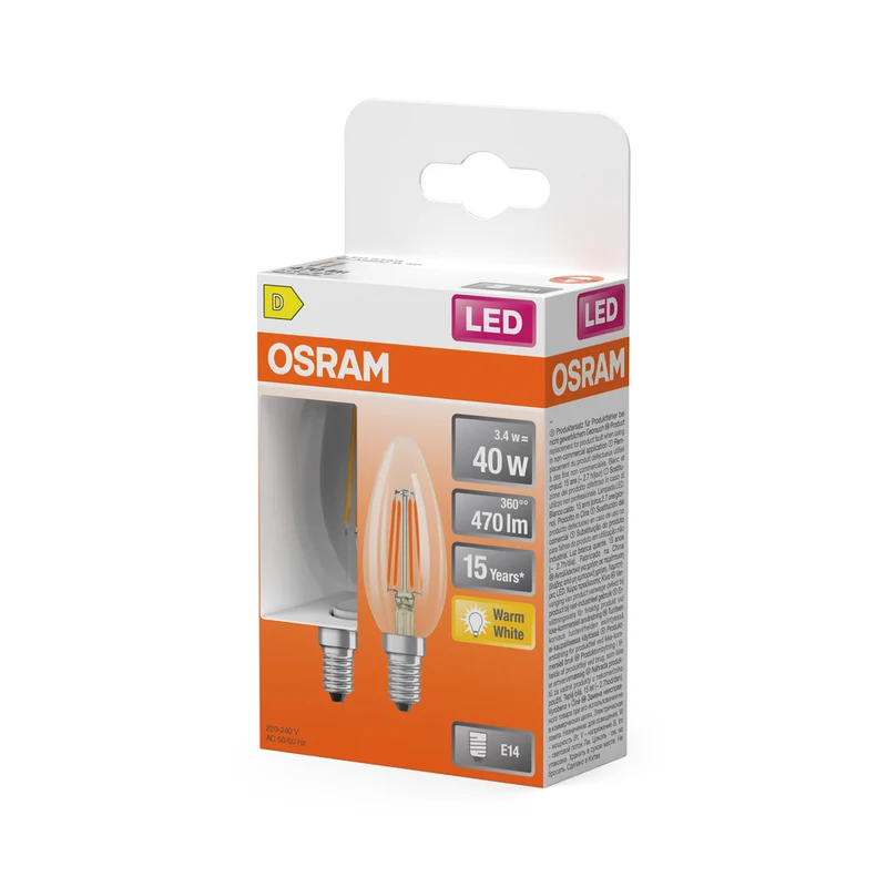 OSRAM LED-Lampen, klassische Minikerzenform, 40 Watts Ersatz, E14, B-shape, 2700 Kelvin, Warm weiß, Klares Glas, 2-er Pack