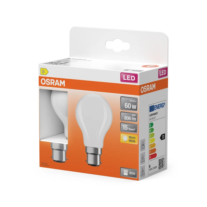 OSRAM LED Lampe LED Retrofit CLASSIC A 6.5W 827 Frosted B22d 2er Pack, 806 lm, 2700 K, Warmweiß, 2er Pack