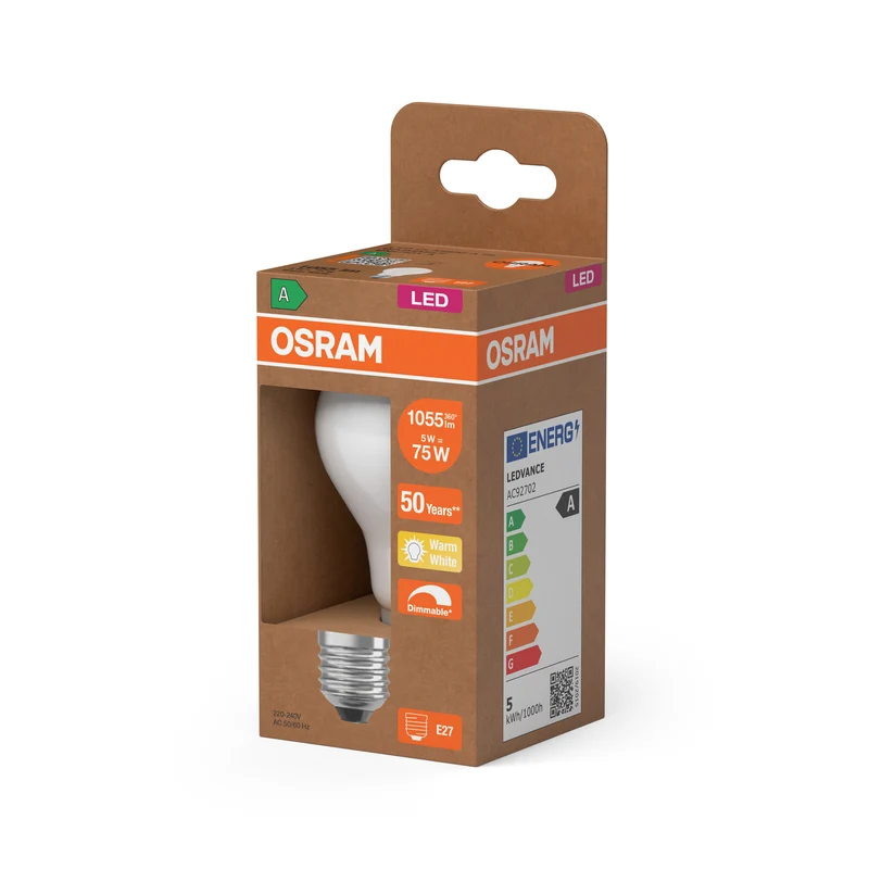OSRAM LED CLASSIC A ENERGY EFFICIENCY A DIM in A-Form, LED-Lampe, Glas, Matt, 5 W, 1055 lm, 2700 K, Dimmbar, Energieeffizienzklasse: A, CRI 80