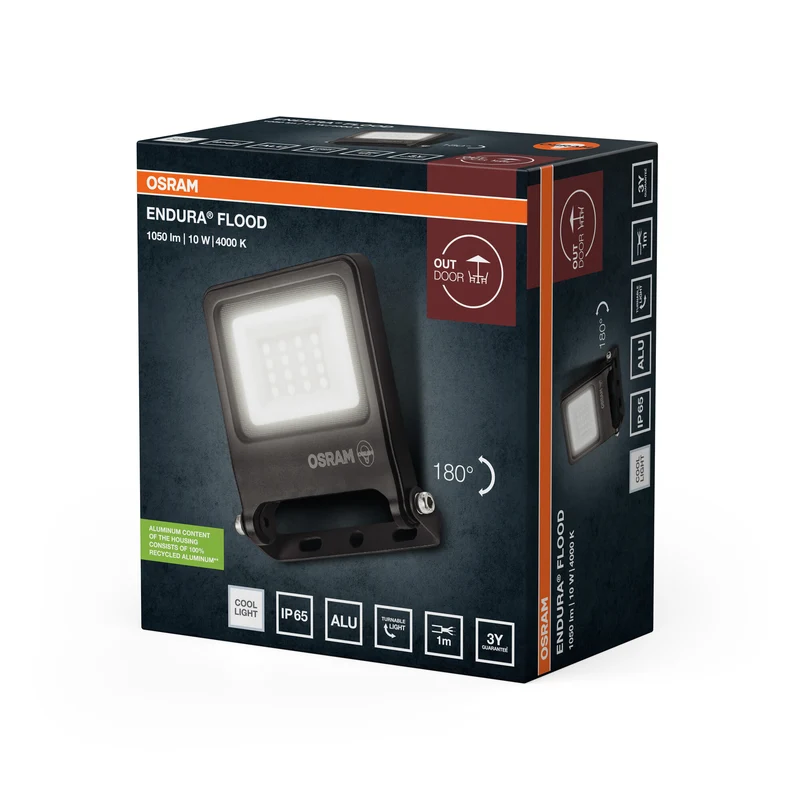 OSRAM ENDURA FLOOD PC 10W LED-Fluter, 4000K kaltweiß, 1000 Lumen, IP65 wetterfestes Flutlicht, 180° schwenkbar, Dunkelgrau
