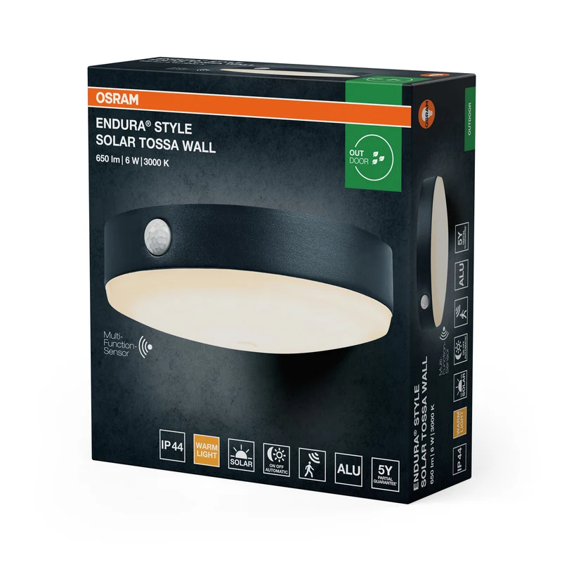 OSRAM ENDURA Style Solar-Wandleuchte Tossa, warmweißes Licht (3000K), integrierter Sensor, ohne Strom nutzbar, bis acht Stunden Brenndauer, Schutzklasse IP44, schwarz