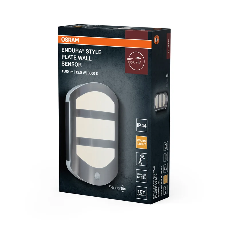 OSRAM ENDURA Style Plate Wall Wandleuchte in moderner Edelstahloptik mit Sensor und indirektem Licht, helle und funktionale LED-Außenleuchte, IP44-Schutz, für Eingangsbeleuchtung und Fassaden