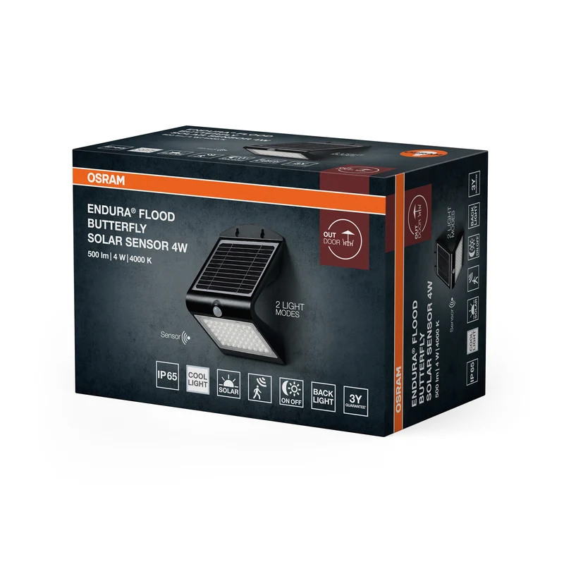 OSRAM ENDURA BUTTERFLY Solar-Flutlicht, schwarz, 4W, 500lm, Bewegungs- & Lichtsensor, Outdoor-Leuchte, Batterie aufladbar, lange Lebensdauer, einfache Montage, IP65, 4000K