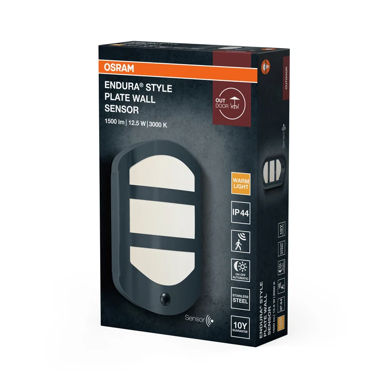 OSRAM ENDURA Style Plate Wall Sensor, Außenwandleuchte Dunkelgrau, 12,5W, 630lm, 3000K, IP44, Bewegungssensor