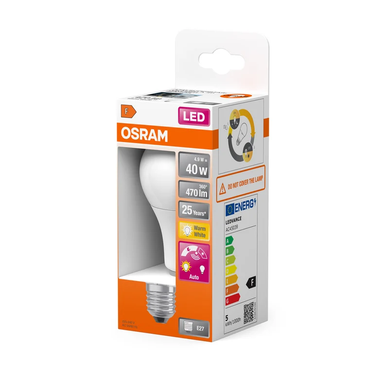 OSRAM DAYLIGHT SENSOR CLASSIC A LED Lampe 4.9W 827 Frosted E27, 470 lm, 2700 K, Warmweiß