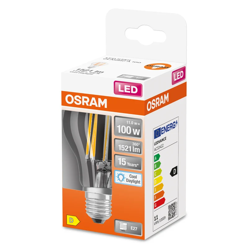 OSRAM LED Lampe LED Retrofit CLASSIC A 11W 865 Clear E27, 1521 lm, 6500 K, Kaltes Tageslicht