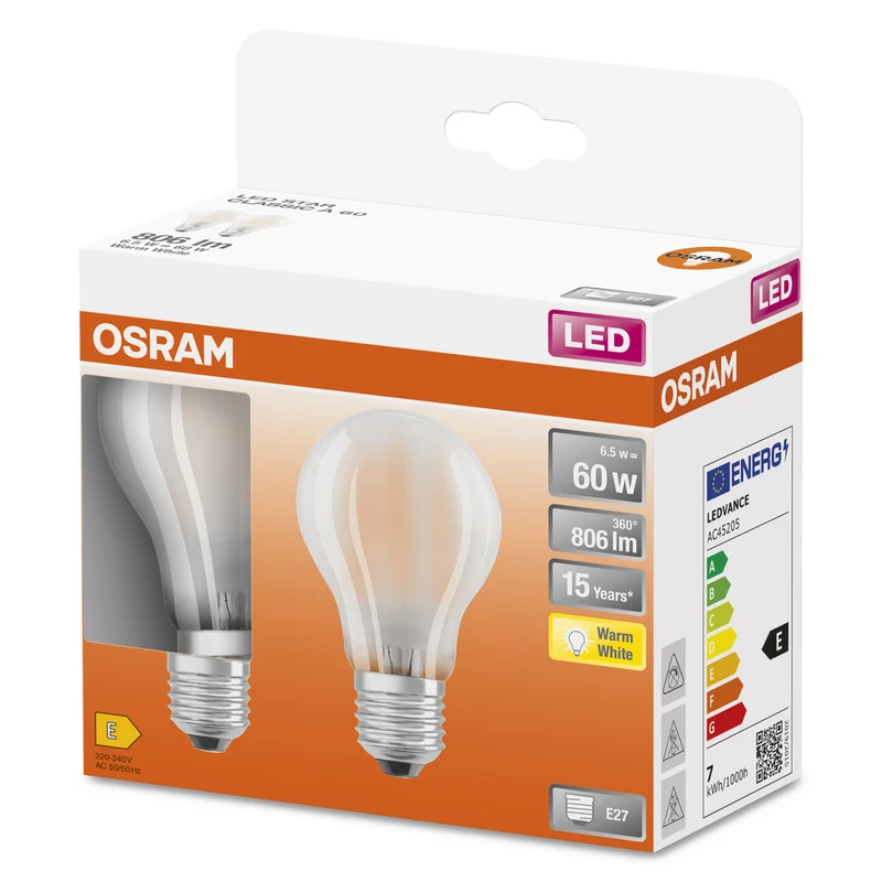 OSRAM LED Lampe LED Retrofit CLASSIC A 6.5W 827 Frosted E27, 806 lm, 2700 K, Warmweiß, 2er Pack