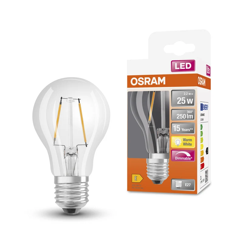 OSRAM LED Lampe LED Retrofit CLASSIC A DIM 2.2W 827 Clear E27, 250 lm, 2700 K, Warmweiß