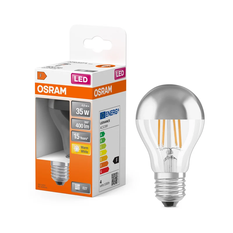 OSRAM LED Lampe LED Retrofit CLASSIC A Mirror 4W 827 Clear E27 Silver, 400 lm, 2700 K, Warmweiß