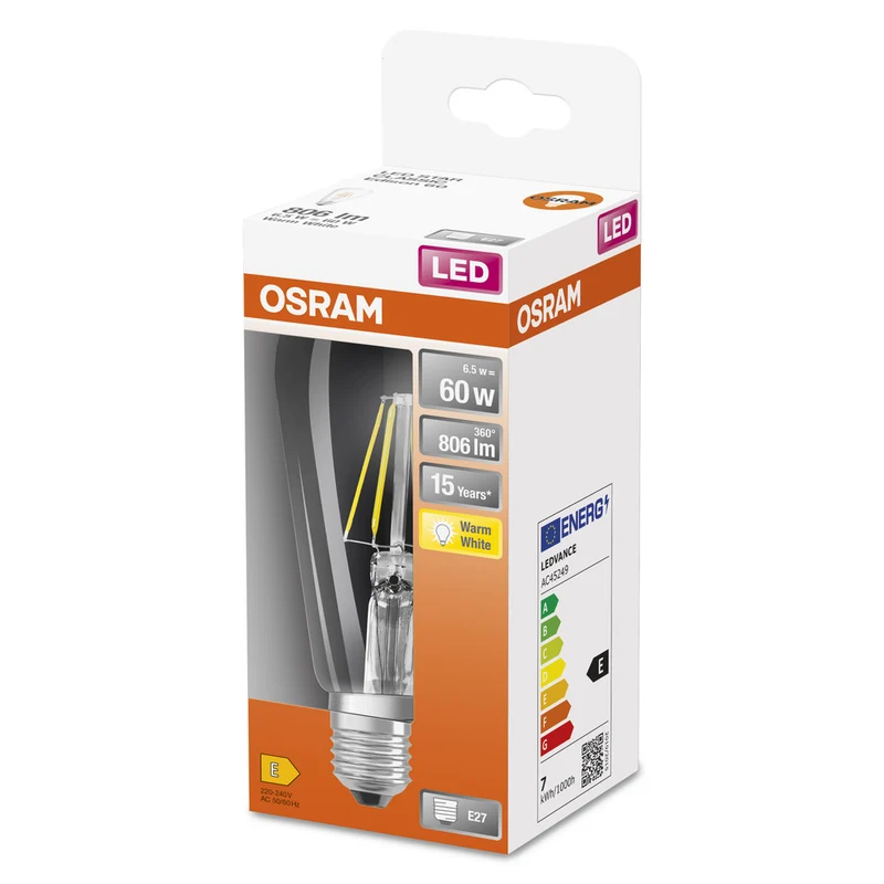 OSRAM LED Lampe LED Retrofit CLASSIC ST 6.5W 827 Clear E27, 806 lm, 2700 K, Warmweiß