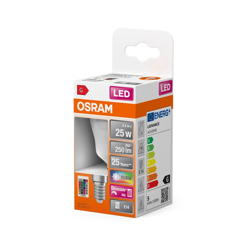 OSRAM LED Lampe LED Retrofit RGBW lamps with remote control 4.2W 827 Frosted E14 P-Form, 250 lm, 2700 K, Warmweiß