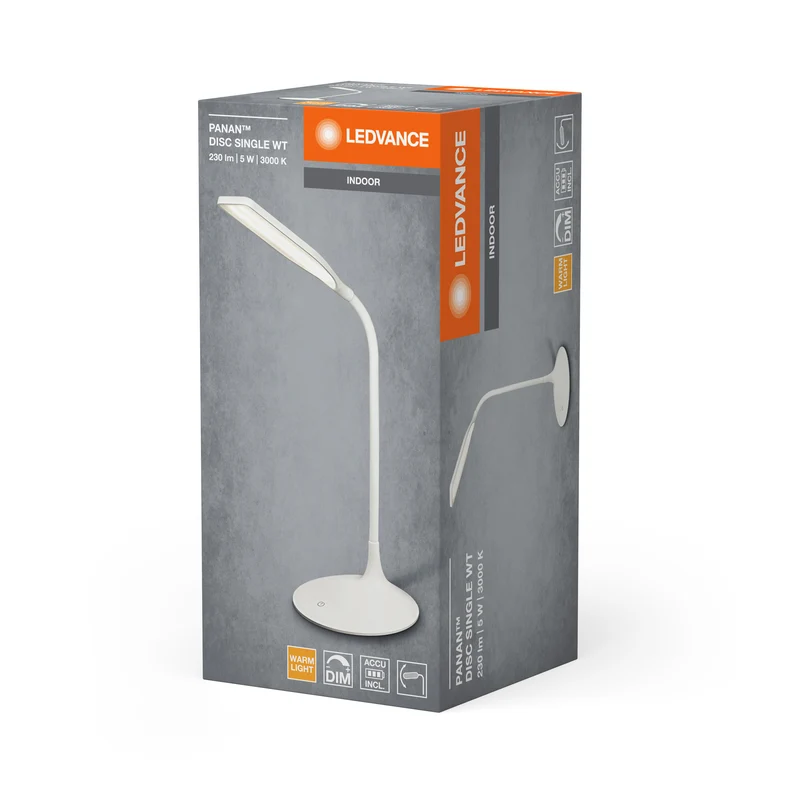 LEDVANCE Panan Disc LED Tischleuchte Weiß, Warmweiß 3000K, Akku-Betrieb, Dimmbar, Flexibler Hals, für Wohn- und Arbeitsbereiche