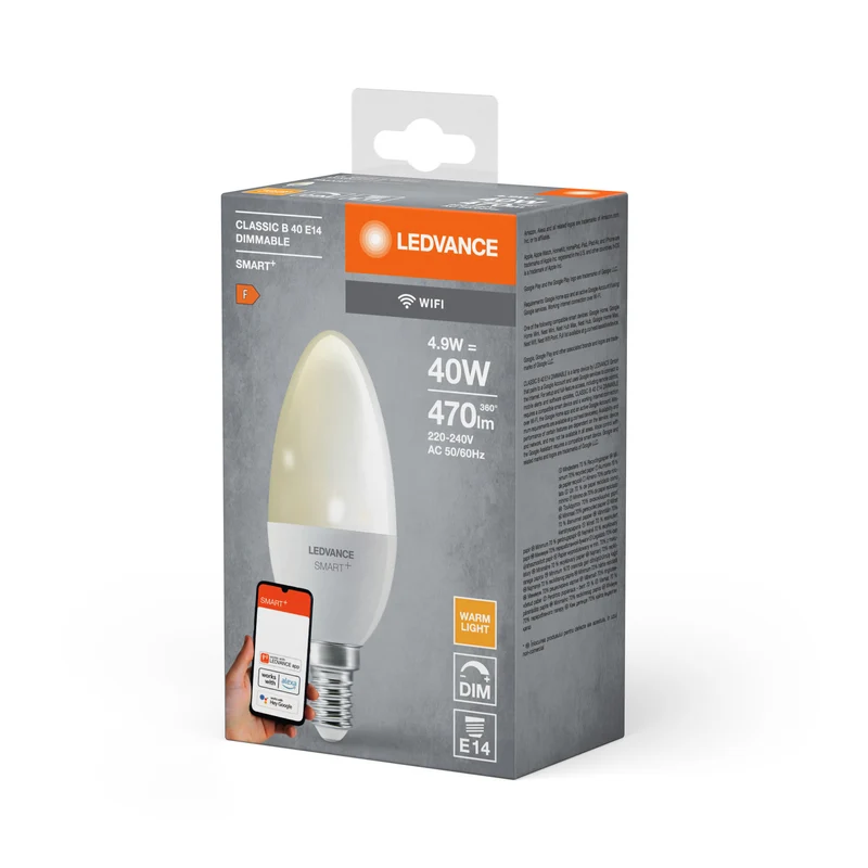 LEDVANCE SMART+ WiFi Candle Dimmable in B-Form, LED-Lampe, Matt, 4,9 W, (ex 40 W), 470 lm, Warmweiß, 2700 K, Wifi, Google Assistant, Amazon Alexa, Dimmbar, 20000 h
