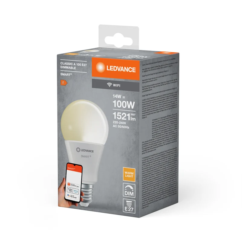 LEDVANCE SMART+ WiFi Classic Dimmable in A-Form, LED-Lampe, Matt, 14 W, (ex 100 W), 1521 lm, Warmweiß, 2700 K, Wifi, Google Assistant, Amazon Alexa, Dimmbar, 20000 h