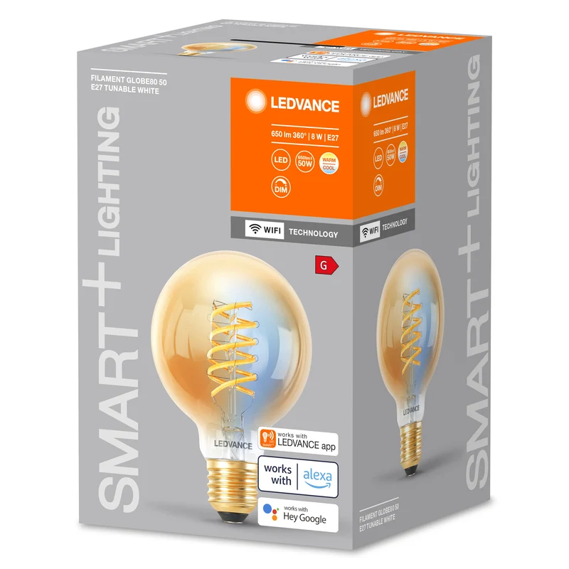 LEDVANCE Smart+ WiFi Filament Globe Tunable White 2200K in G80-Form, LED-Lampe, Bleifreies Glas, Gold, 600 lm, Lichtfarbe variabel, Wifi, Smartspeaker-Kompatibel, Dimmbar