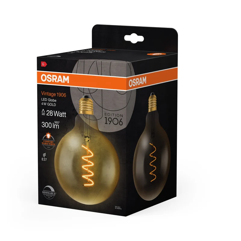 OSRAM VINTAGE 1906® LED Lampe LED CLASSIC Globe Dimmable 4W 820 Gold E27 Golden Socket, 300 lm, 2000 K, Comfort warm white