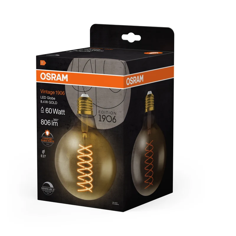 OSRAM VINTAGE 1906® LED Lampe LED CLASSIC Globe Dimmable 8.8W 824 Gold E27, 806 lm, 2400 K, Comfort warm white
