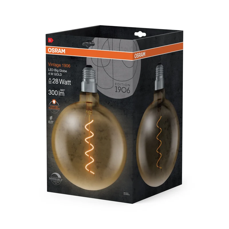 OSRAM VINTAGE 1906® LED Lampe LED CLASSIC Globe Dimmable 4W 820 Gold E27 Silver Socket, 300 lm, 2000 K, Warm Comfort Light