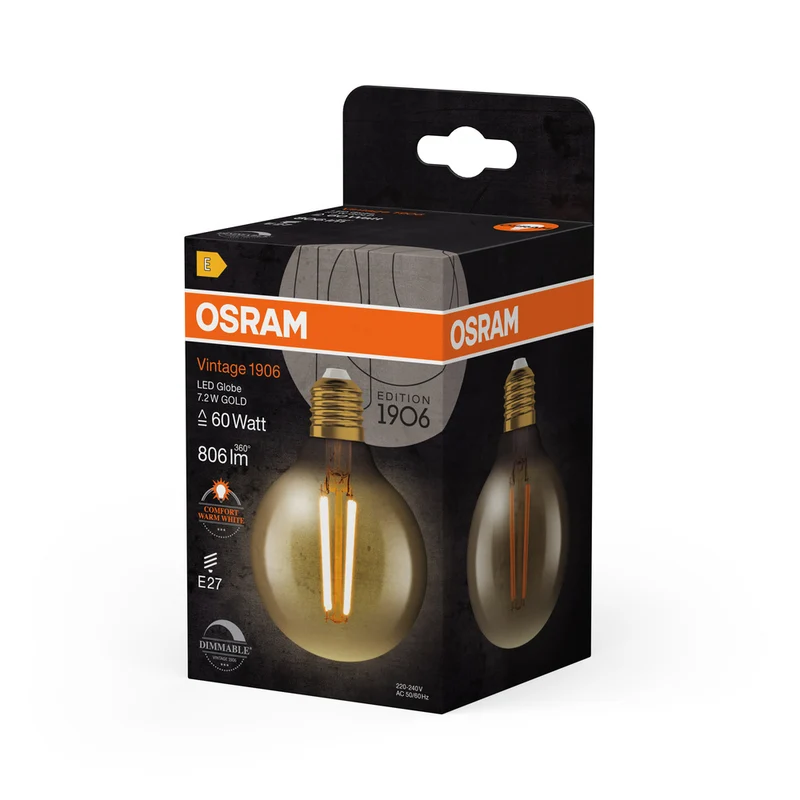OSRAM VINTAGE 1906® LED Lampe LED CLASSIC Globe Dimmable 7.2W 824 Gold E27, 806 lm, 2400 K, Comfort warm white