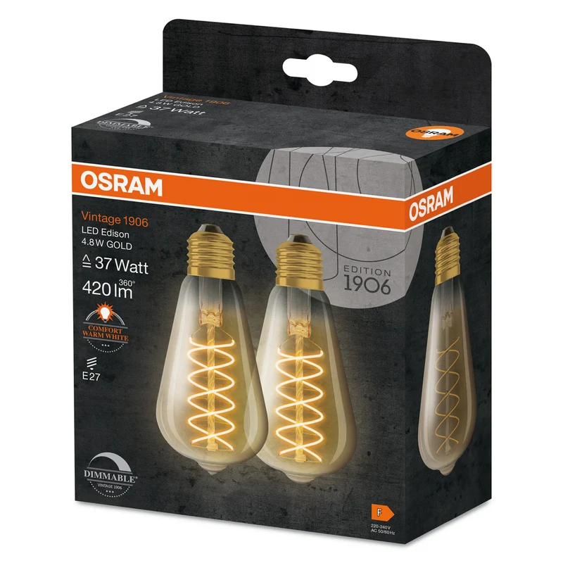 OSRAM VINTAGE 1906® LED Lampe LED CLASSIC SLIM FILAMENT EDISON DIMMABLE 7.8W 818 Smoke E27, 360 lm, 1800 K, Comfort warm white, 2er Pack