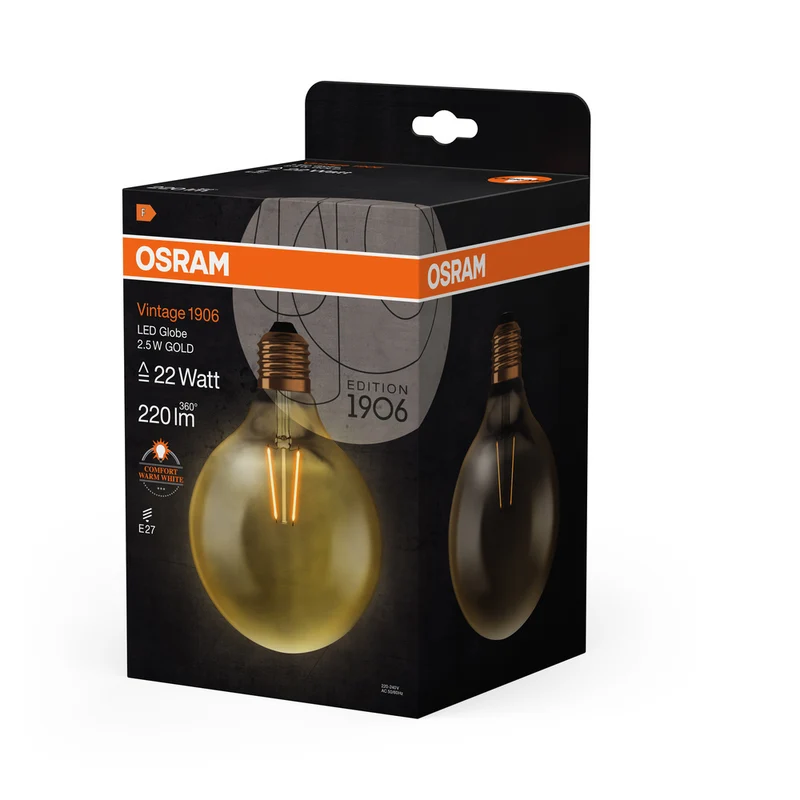 OSRAM VINTAGE 1906® LED Lampe LED CLASSIC GLOBE 2.5W 824 Gold E27, 220 lm, 2400 K, Warm Comfort Light
