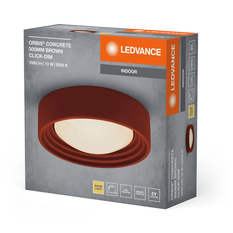 LEDVANCE ORBIS Concrete, braune Beton-Deckenleuchte mit LED, 13W, 800lm, 3000K freundliches Warmweiß, durch Klicken in 3-Stufen dimmbar, 300mm Durchmesser, IP20 Schutz, für Badezimmer geeignet